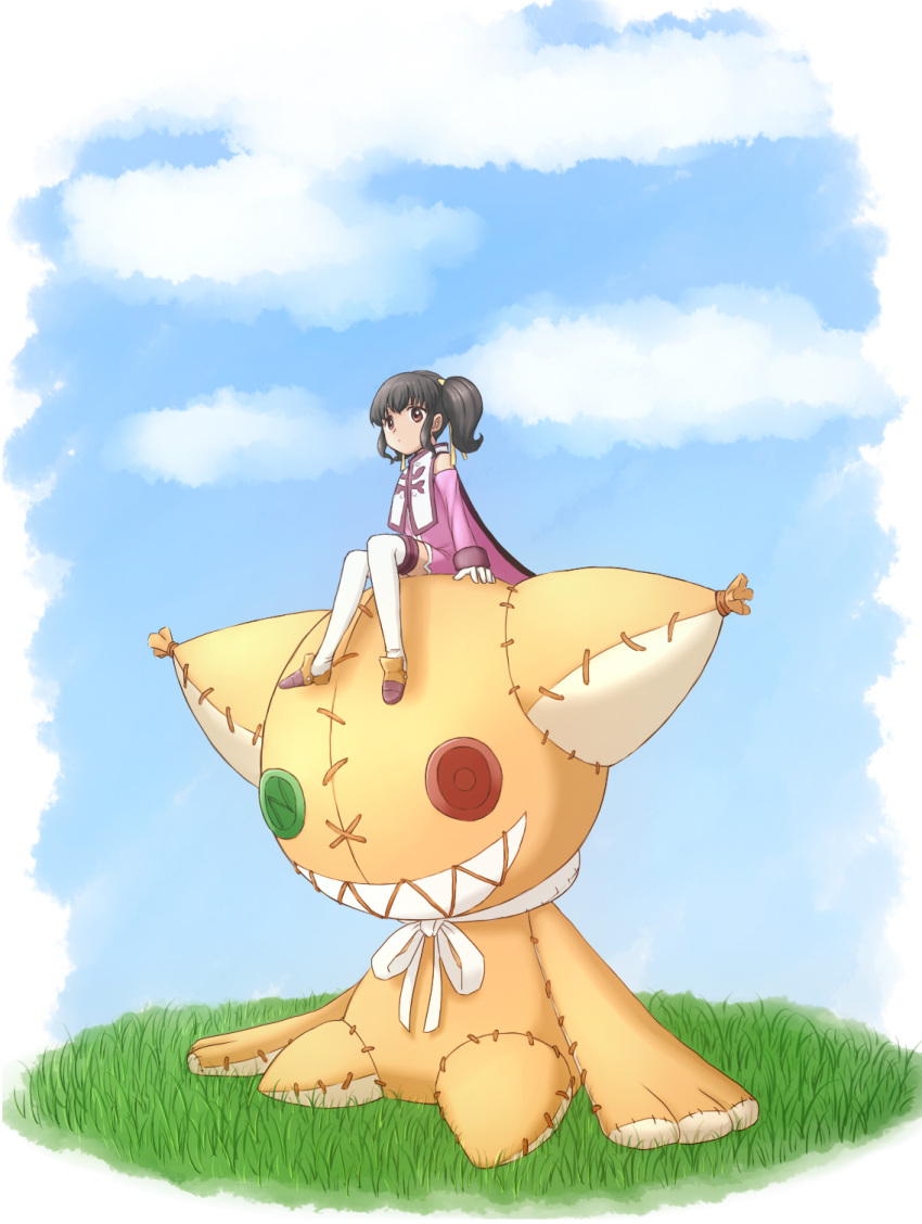 1girl anise_tatlin black_hair blue_sky brown_eyes buttons cape croa310 detached_sleeves dot_mouth hair_ribbon highres long_sleeves on_grass outdoors oversized_object purple_footwear ribbon side_ponytail sitting sky stuffed_animal stuffed_cat stuffed_toy tales_of_(series) tales_of_the_abyss thigh-highs tokunaga_(tales) white_ribbon white_thighhighs yellow_ribbon