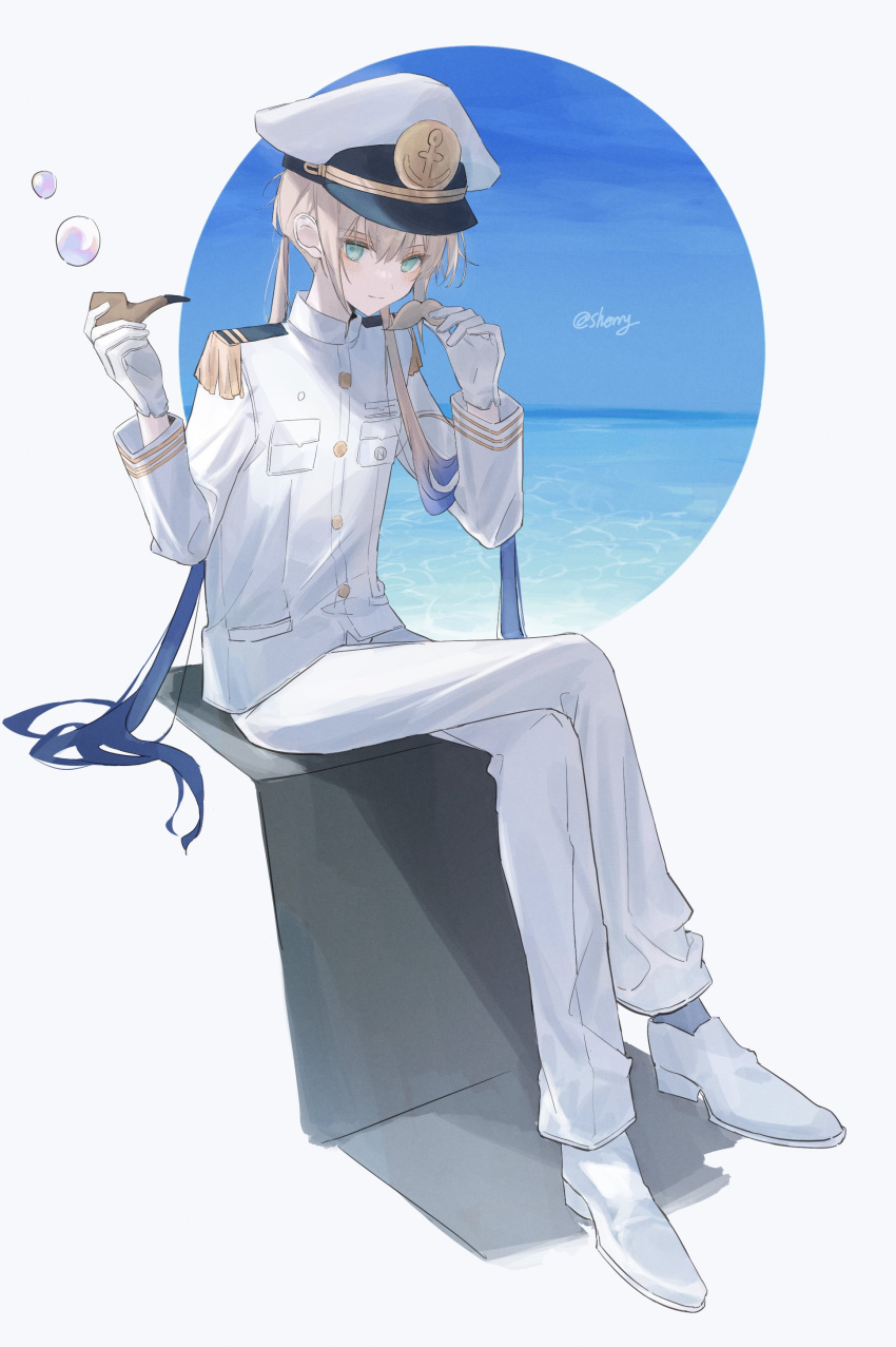 absurdres aqua_eyes blonde_hair blue_hair captain_nemo_(fate) crossed_arms fate/grand_order fate_(series) full_body gloves gradient_hair hat highres holding holding_mustache holding_smoking_pipe jacket long_hair long_sleeves looking_at_viewer male_focus military military_uniform multicolored_hair nemo_(fate) pants peaked_cap sherry_0014 sitting smoking_pipe solo twintails twitter_username uniform very_long_hair white_footwear white_gloves white_headwear white_jacket white_pants