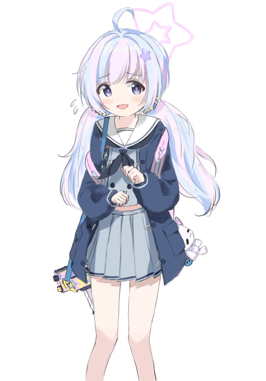 1girl :d ahoge backpack bag bag_charm beads black_coat blue_archive blue_hair charm_(object) coat commentary_request cram960 full_body grey_skirt hair_beads hair_between_eyes hair_bobbles hair_ornament hair_scrunchie halo highres kneehighs light_blue_hair long_hair long_sleeves looking_at_viewer low_twintails midriff midriff_peek multicolored_hair navel open_clothes open_coat pink_hair pleated_skirt purple_hair reisa_(blue_archive) school_uniform scrunchie serafuku shoes sidelocks simple_background skirt smile sneakers socks solo star_(symbol) star_hair_ornament streaked_hair symbol-shaped_pupils twintails two-tone_hair v-shaped_eyebrows violet_eyes white_background