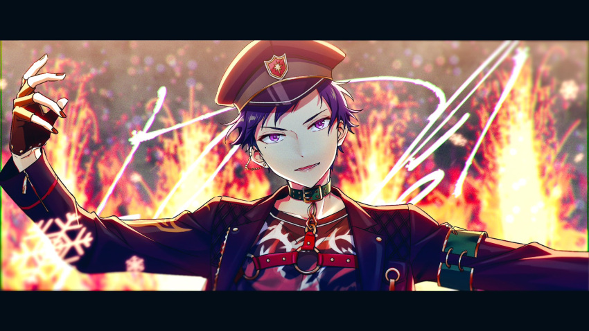 1boy black_gloves blue_hair choker commentary_request dark_blue_hair ear_chain ensemble_stars! fingerless_gloves fingernails fushimi_yuzuru gloves harness hat highres lapels letterboxed long_sleeves looking_at_viewer lower_teeth_only male_focus military_hat mole mole_under_eye nail_polish notched_lapels official_alternate_costume open_mouth red_nails short_bangs short_hair snowflakes solo teeth user_vzxu4543 violet_eyes zipper zipper_pull_tab