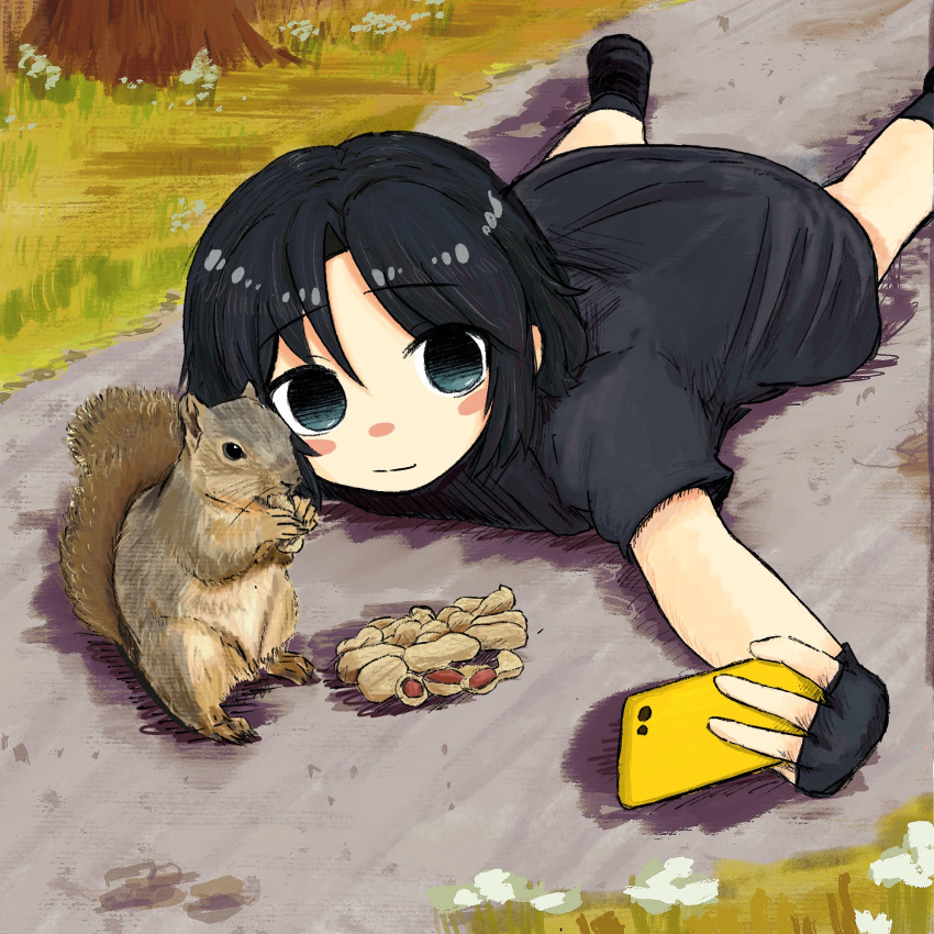 1girl animal black_gloves black_hair black_shirt blue_eyes bubbacterial cellphone character_request check_copyright copyright_request day fingerless_gloves flower gloves grass highres holding holding_phone lying on_ground on_stomach original outdoors peanut phone selfie shirt short_hair smartphone squiggle squirrel tree white_flower