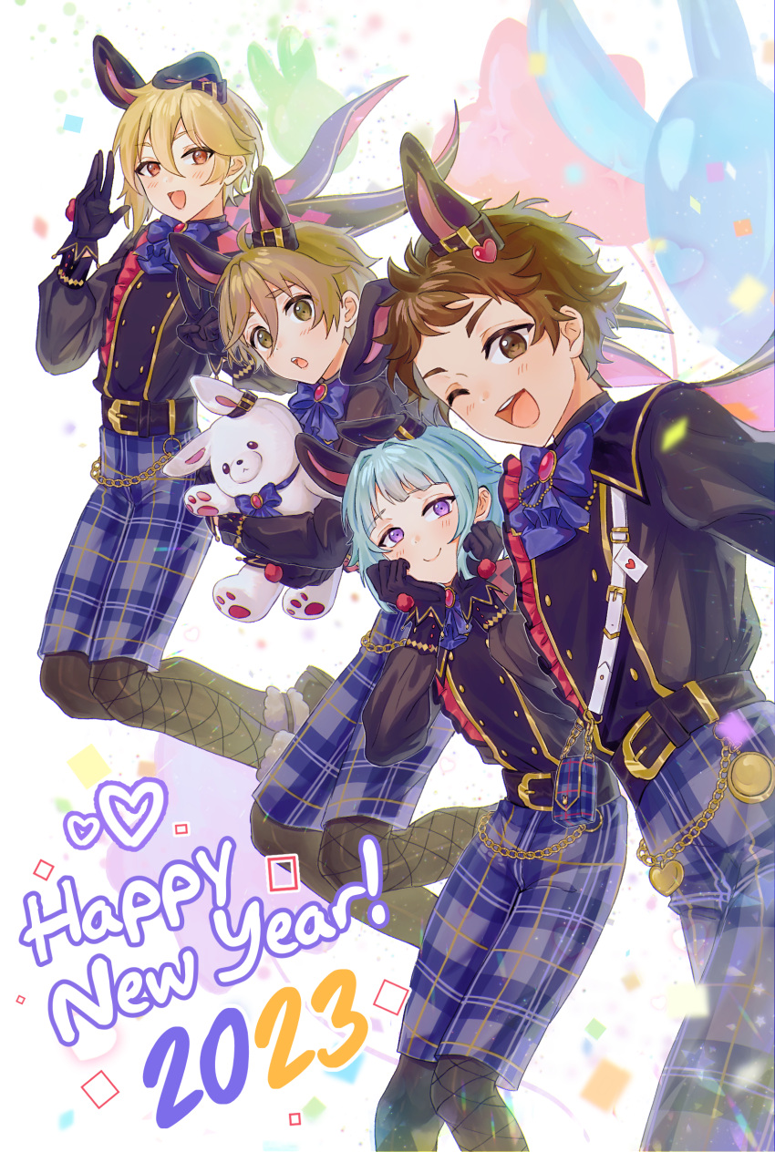 :d absurdres animal_ears aqua_hair belt black_belt black_gloves blonde_hair blunt_bangs blush bow bowtie brown_eyes brown_hair buttons chain closed_mouth commentary confetti english_commentary ensemble_stars! feet_out_of_frame gloves hair_between_eyes happy_new_year highres long_sleeves looking_at_viewer mashiro_tomoya nito_nazuna official_alternate_costume one_eye_closed open_mouth plaid plaid_shorts rabbit_ears rabbits_(ensemble_stars!) red_eyes shino_hajime short_hair shorts smile star_balloon stuffed_animal stuffed_rabbit stuffed_toy teeth tenma_mitsuru upper_teeth_only violet_eyes x0_4n