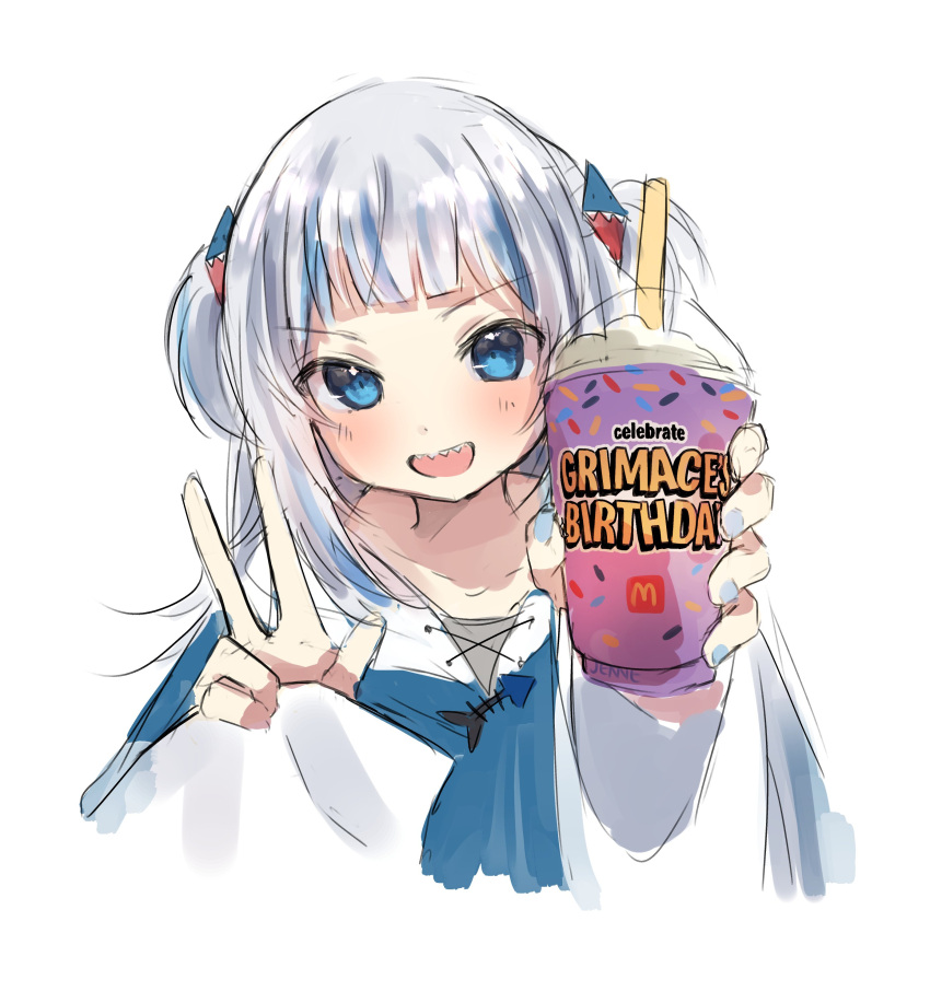 1girl :d absurdres artist_name blue_eyes blue_hair blue_hoodie blue_nails blunt_bangs blush collarbone commentary cup drinking_straw english_commentary english_text fingernails gawr_gura grimace_shake_(meme) hair_ornament hands_up highres holding holding_cup hololive hololive_english hood hood_down hoodie logo long_hair long_sleeves looking_at_viewer mcdonald's meme multicolored_hair nail_polish okayjennie open_mouth outstretched_arm sharp_teeth signature simple_background sleeves_past_wrists smile solo streaked_hair teeth two-tone_hair two_side_up upper_body upper_teeth_only v virtual_youtuber white_background white_hair wide_sleeves