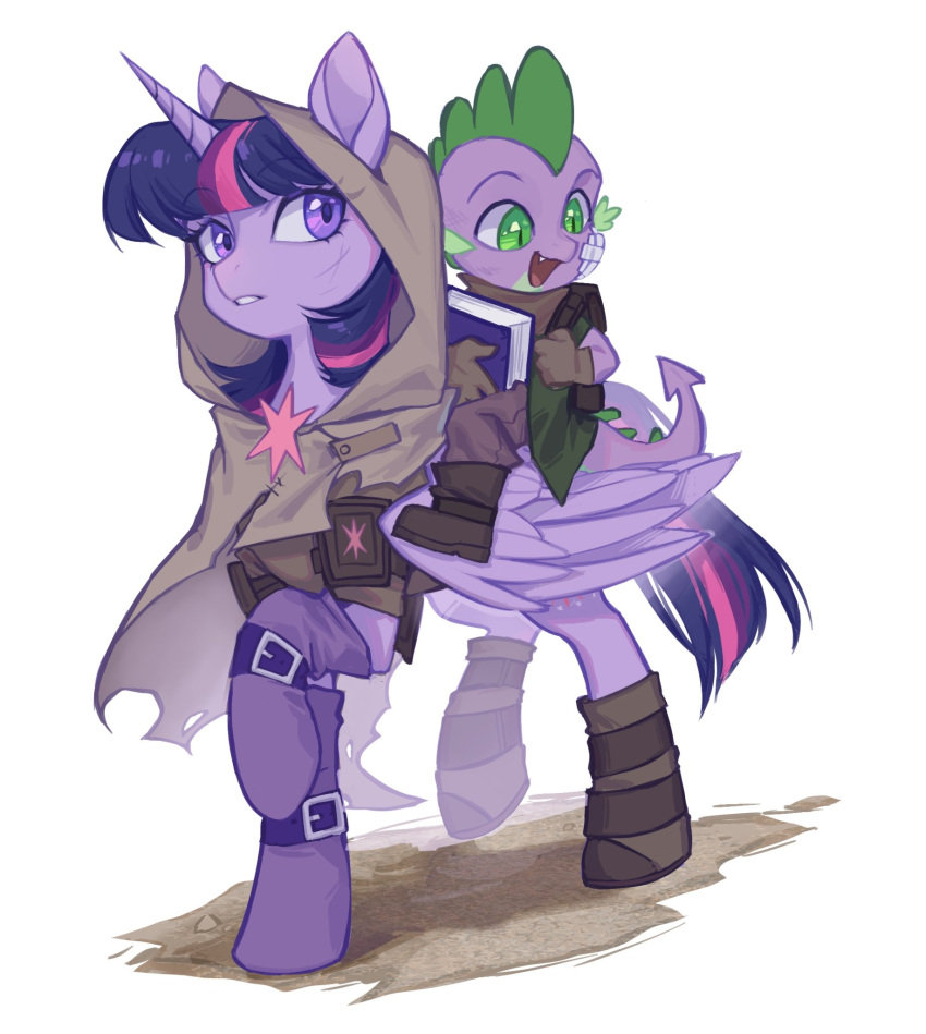 1boy 1girl 7hundredt colored_skin green_eyes highres hood horns horseback_riding multicolored_hair my_little_pony my_little_pony:_friendship_is_magic open_mouth pink_hair purple_hair purple_skin riding simple_background single_horn spike_(my_little_pony) twilight_sparkle two-tone_hair unicorn violet_eyes white_background