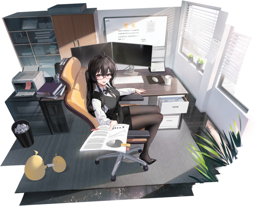 1girl absurdres ahoge azur_lane black_hair black_skirt black_vest blinds bow bowtie breasts brown_pantyhose calendar_(object) chair collared_shirt computer congqian_you_ke_xing glasses graph_(object) highres holding holding_paper london_(azur_lane) london_(the_sterling_secretary)_(azur_lane) long_hair long_sleeves looking_at_viewer looking_over_eyewear medium_breasts miniskirt mouse_(computer) non-web_source office_chair office_lady official_alternate_costume official_art one_side_up open_mouth pantyhose paper pencil_skirt pie_chart plant potted_plant printer red-framed_eyewear red_eyes semi-rimless_eyewear shirt sitting skirt smile solo sticky_note swivel_chair taut_clothes taut_skirt thighs trash_can under-rim_eyewear vest white_shirt whiteboard