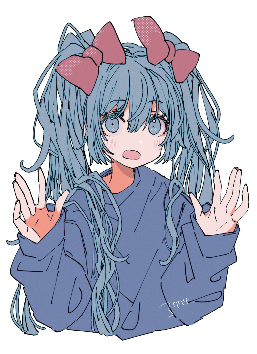 1girl artist_name blue_sweater bokarokaku bow cropped_torso green_eyes green_hair hair_bow hands_up hatsune_miku highres long_hair long_sleeves open_mouth red_bow simple_background solo sweater twintails upper_body vocaloid white_background