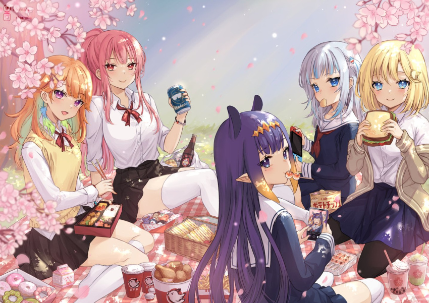 5girls :d alternate_costume aqua_hair basket bento black_pantyhose black_skirt blonde_hair blue_eyes blue_skirt blunt_bangs bottle can cellphone cherry_blossoms chicken_leg chips_(food) chopsticks commentary cup dango day disposable_cup doughnut eating english_commentary flower food food_in_mouth french_fries gawr_gura gradient_hair hair_ornament hairclip hanami holding holding_can holocouncil hololive hololive_english kfp kneehighs long_hair long_sleeves looking_at_viewer mole mole_under_eye mori_calliope multicolored_hair multiple_girls neck_ribbon ninomae_ina'nis nintendo_switch open_mouth orange_hair outdoors pantyhose petals phone pleated_skirt pointy_ears ponytail potato_chips purple_hair red_eyes red_ribbon ribbon sandwich shirt short_hair sidelocks sitting skirt smartphone smile socks strawberry_milk takanashi_kiara ten-chan_(eternal_s) thigh-highs two-tone_hair two_side_up vest violet_eyes wagashi watson_amelia white_hair white_shirt white_socks white_thighhighs wing_collar yellow_vest
