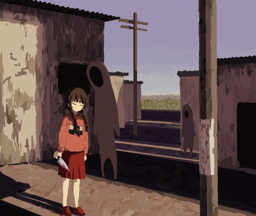 1girl 2others arms_at_sides blood blood_on_ground blood_on_knife blue_sky braid brown_hair chain-link_fence clear_sky closed_eyes commentary_request corrugated_galvanised_iron_sheet dirt dripping facing_viewer fence hair_over_shoulder highres holding holding_knife hut kitchen_knife knife kurage_(kurageneric) long_hair madotsuki multiple_others no_mouth outdoors pink_sweater pirori_(yume_nikki) plant pleated_skirt print_sweater red_skirt scenery shadow shoes skirt sky standing sweater twin_braids utility_pole village yume_nikki