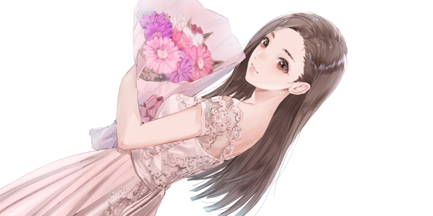 1girl absurdres blue_reflection blue_reflection_sun brown_eyes brown_hair dress dutch_angle facing_viewer flower forehead from_side highres holding holding_flower ikoma_ayami kishida_mel lace-trimmed_dress lace_trim long_hair parted_bangs pink_dress pink_flower simple_background solo white_background white_flower