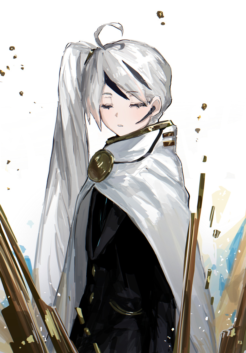 1boy ahoge badge black_jacket buttons cape choroi_amachori closed_eyes earpiece facing_viewer gold_trim highres jacket library_of_ruina long_hair long_sleeves microphone multicolored_hair parted_lips project_moon side_ponytail simple_background solo streaked_hair very_long_hair white_background white_cape white_hair wing_collar yan_vismok