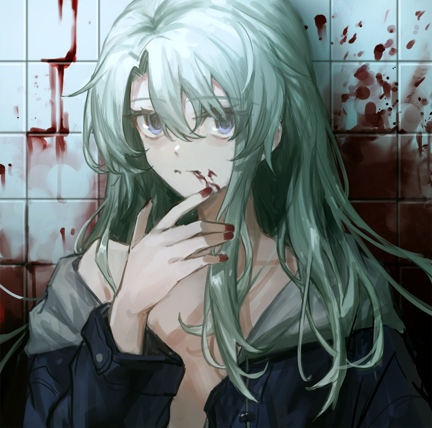 1girl black_jacket blood blood_from_mouth blood_on_face blood_on_wall blue_eyes expressionless green_hair highres hood hood_down implied_murder jacket komenomoku long_hair long_sleeves looking_at_viewer naked_jacket open_clothes original red_nails single_bare_shoulder solo upper_body