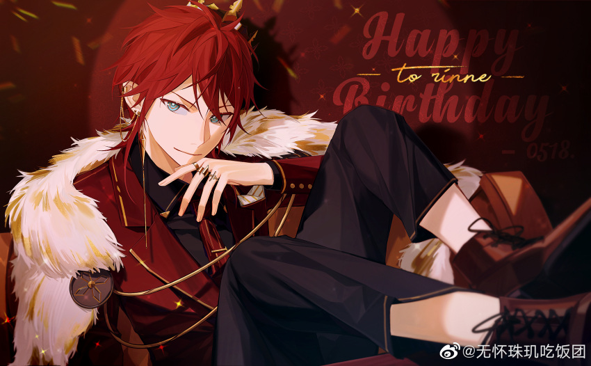 1boy amagi_rinne black_pants black_shirt blue_eyes brown_footwear cape character_name collared_shirt crown ensemble_stars! fur_cape hand_on_own_chin happy_birthday highres jacket jewelry legs_up long_sleeves looking_at_viewer lying mini_crown necktie oxfords pants red_background red_jacket red_necktie redhead ring shirt short_hair smile solo weibo_logo weibo_username wuhuai_zhuji