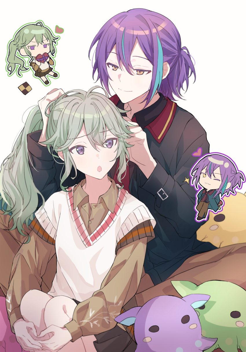 1boy 1girl :o absurdres aqua_hair brown_shirt buttons chibi closed_mouth collared_shirt commentary double-parted_bangs green_hair hair_up heart highres hugging_own_legs kamishiro_rui kusanagi_nene long_hair long_sleeves multicolored_hair one_eye_closed open_mouth ponytail project_sekai purple_hair shimono_kuro_yuki shirt skirt streaked_hair sweater_vest two-tone_hair tying_another's_hair violet_eyes yellow_eyes zozotown