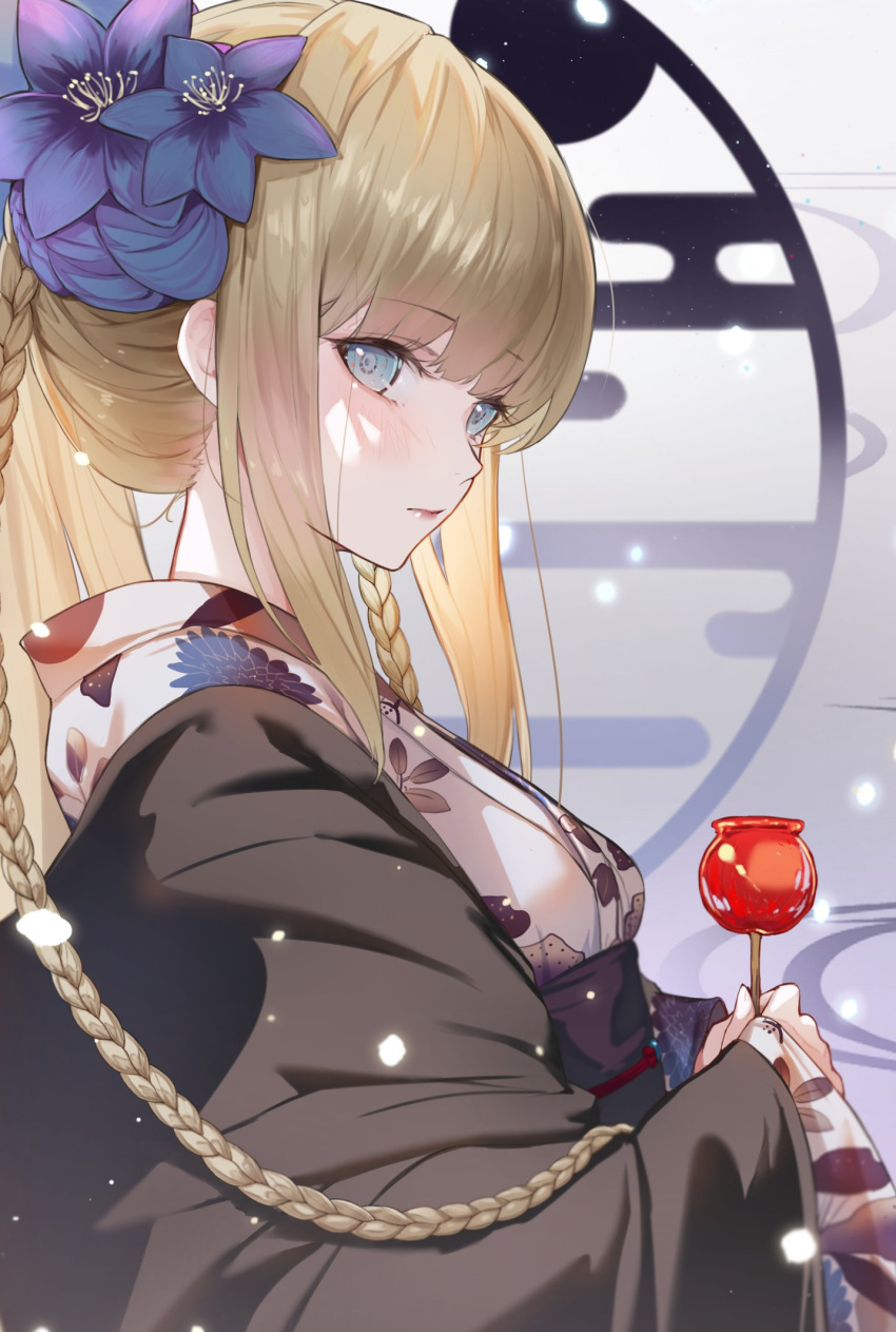 1girl black_coat blonde_hair blue_eyes braid candy candy_apple closed_mouth coat commentary_request fate/grand_order fate_(series) floral_print food from_side haori highres holding holding_candy holding_food japanese_clothes kimono long_hair long_sleeves looking_at_viewer morgan_le_fay_(fate) obi ponytail sash side_braid sidelocks sideways_glance solo upper_body ura_illust white_kimono