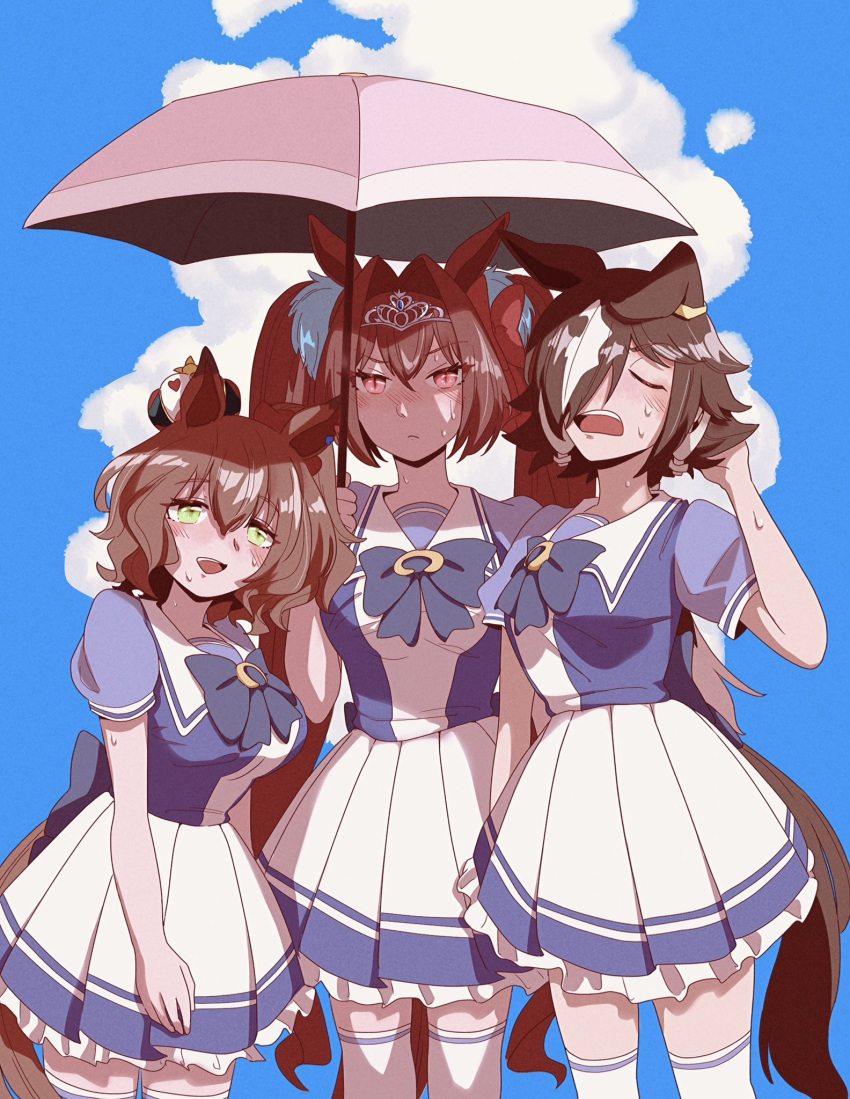 3girls animal_ears aston_machan_(umamusume) b6mti blue_shirt blue_sky blush breasts brown_hair closed_eyes closed_mouth clouds commentary_request daiwa_scarlet_(umamusume) day frilled_skirt frills green_eyes hair_between_eyes hair_intakes hair_over_one_eye highres holding holding_umbrella horse_ears horse_girl horse_tail large_breasts long_hair looking_at_viewer multicolored_hair multiple_girls outdoors pink_umbrella pleated_skirt puffy_short_sleeves puffy_sleeves red_eyes shared_umbrella shirt short_sleeves skirt sky streaked_hair sweat tail thigh-highs tiara twintails umamusume umbrella very_long_hair vodka_(umamusume) white_hair white_skirt white_thighhighs