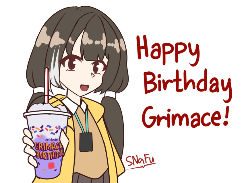 1girl artist_name black_eyes black_hair commentary cup english_commentary english_text girls_frontline grimace_shake_(meme) happy_birthday holding holding_cup id_card jacket long_hair long_sleeves looking_at_viewer meme multicolored_hair open_mouth pleated_skirt ro635_(girls'_frontline) simple_background skirt snafu_(snafy_snu) solo twintails two-tone_hair white_background white_hair yellow_jacket