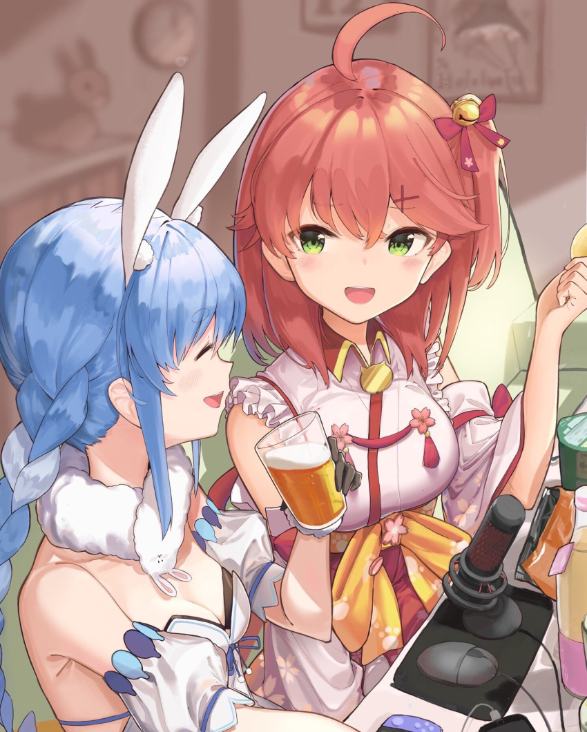 2girls :d ahoge alcohol animal_ear_fluff animal_ears bare_shoulders beer bell black_gloves blue_hair bottle braid breasts chips_(food) closed_eyes commentary detached_sleeves don-chan_(usada_pekora) extra_ears facing_another food gloves green_eyes hair_bell hair_between_eyes hair_ornament highres hololive indoors jingle_bell large_breasts looking_at_another medium_breasts microphone mouse_(computer) multicolored_hair multiple_girls nontraditional_miko one_side_up open_mouth potato_chips puffy_detached_sleeves puffy_sleeves rabbit_ears rabbit_girl redhead sakura_miko sakura_miko_(1st_costume) shirokuma_1231 smile two-tone_hair usada_pekora usada_pekora_(1st_costume) virtual_youtuber white_hair x_hair_ornament