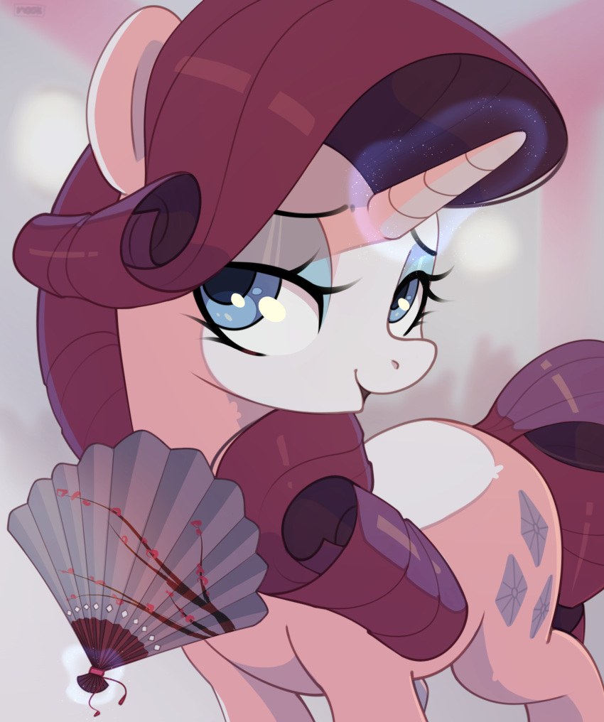 1girl absurdres blue_eyes hand_fan highres horns looking_at_viewer my_little_pony my_little_pony:_friendship_is_magic nookprint paper_fan purple_hair rarity single_horn solo telekinesis unicorn