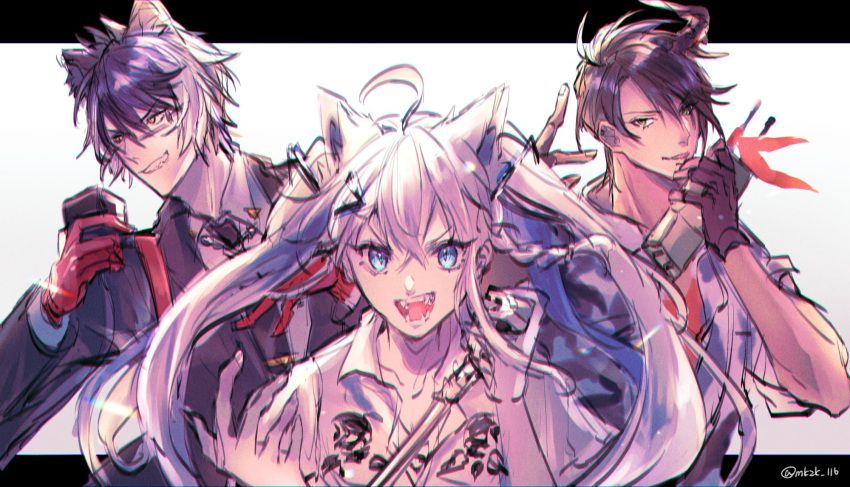 1girl 2boys :d ahoge animal_ears aohitsugi_samatoki aohitsugi_samatoki_(cosplay) aragami_oga bespectacled black_border black_hair black_jacket black_necktie blue_eyes border braid brown_gloves brown_hair busujima_rio_mason busujima_rio_mason_(cosplay) camouflage camouflage_jacket collared_shirt cosplay crossed_bangs dark-skinned_male dark_skin double-parted_bangs fangs fingerless_gloves fox_ears fox_girl glasses gloves green_eyes grey_jacket grin hair_between_eyes hair_over_one_eye hand_up highres holding holding_microphone hololive holostars horns hypnosis_mic iruma_jyuto iruma_jyuto_(cosplay) jackal_boy jackal_ears jacket jinra_(mkzk_116) kageyama_shien letterboxed long_hair looking_at_viewer mad_trigger_crew microphone microphone_stand multicolored_hair multiple_boys necktie outside_border parted_lips red_gloves red_shirt shirakami_fubuki shirt short_hair short_sleeves side_braid simple_background single_horn skull_print smile tie_clip triangle_hair_ornament twintails two-tone_hair upper_body v-shaped_eyebrows virtual_youtuber walkie-talkie white_background white_hair white_shirt wing_collar yellow_eyes