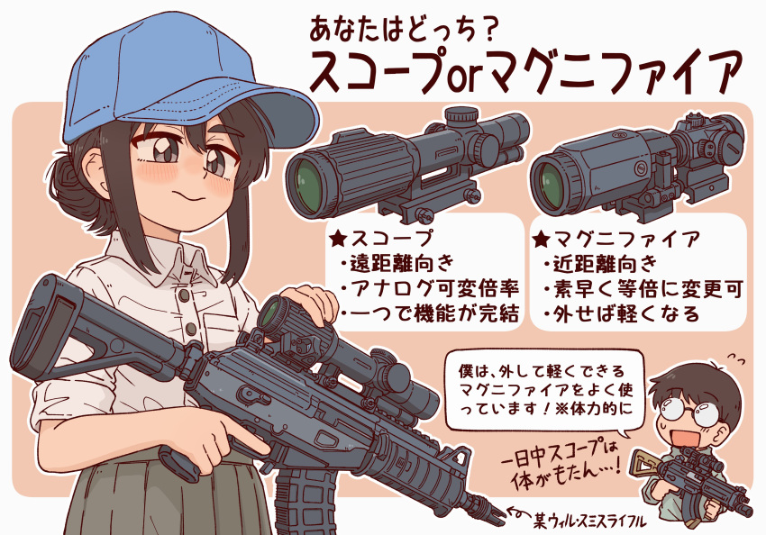 1boy 1girl absurdres arrow_(symbol) baseball_cap black_hair blue_headwear blush bocchi-ya-nawi brown_background closed_mouth collared_shirt commentary_request dress_shirt flying_sweatdrops galil_ace_32 grey_eyes grey_shirt grey_skirt gun hat highres holding holding_gun holding_weapon original pleated_skirt scope shirt short_sleeves sidelocks skirt thick_eyebrows translation_request trigger_discipline two-tone_background weapon white_background white_shirt