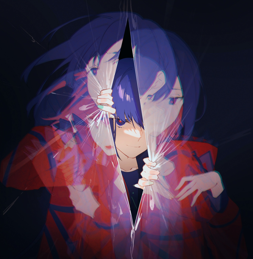 1girl absurdres aqua_nails blue_eyes blue_hair blue_shirt chinese_commentary closed_mouth collarbone colored_inner_hair commentary_request curtain_grab curtains half-closed_eyes highres hood hood_down hooded_jacket jacket kamitsubaki_studio looking_at_viewer multicolored_eyes multicolored_hair one_eye_covered opening red_eyes red_jacket redhead rim_(kamitsubaki_studio) sanpaku shirt smile upper_body virtual_youtuber walluka