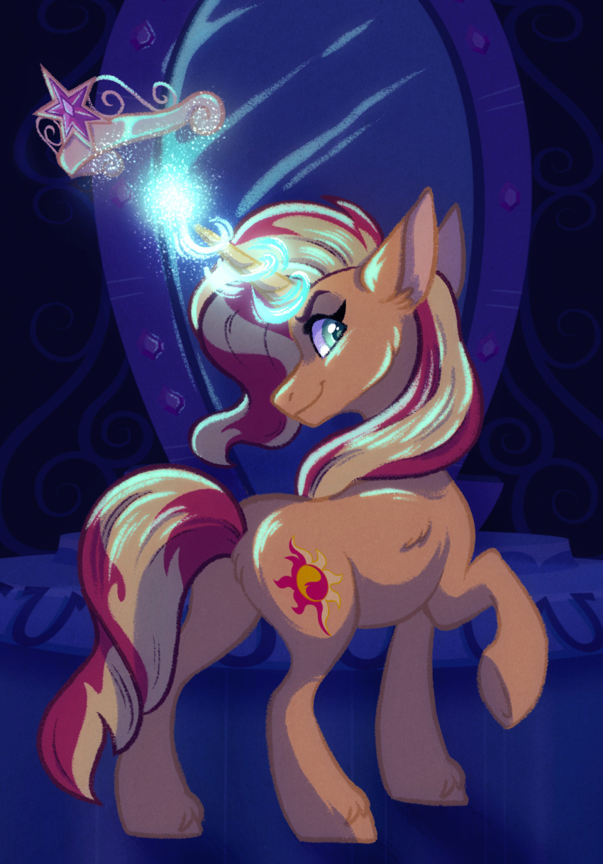 1girl blonde_hair carouselunique colored_skin green_eyes highres horns looking_at_viewer mirror multicolored_hair my_little_pony my_little_pony:_friendship_is_magic orange_skin redhead single_horn solo sunset_shimmer tiara two-tone_hair unicorn