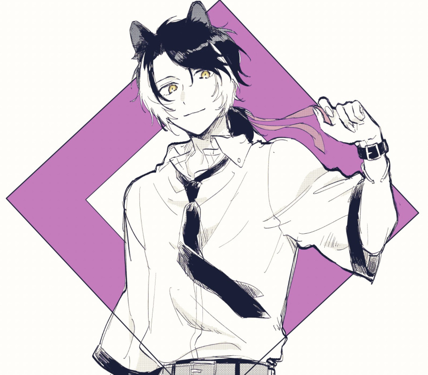 1boy animal_ears belt belt_buckle black_hair bracelet buckle collared_shirt fingernails fugampiyo greyscale hair_ribbon hand_up highres holding holding_ribbon holostars jackal_boy jackal_ears jewelry kageyama_shien looking_at_viewer low_ponytail male_focus medium_hair monochrome multicolored_hair necktie official_alternate_costume open_collar pink_ribbon purple_background ribbon sharp_fingernails shirt short_sleeves smile solo spot_color swept_bangs two-tone_background two-tone_hair upper_body virtual_youtuber watch watch white_background white_hair yellow_eyes