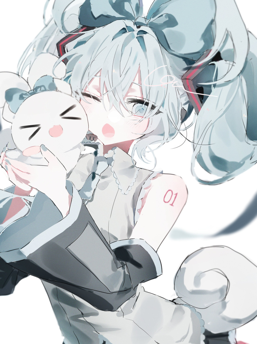 1boy 1girl absurdres aqua_eyes aqua_hair aqua_necktie arm_tattoo bow bow-shaped_hair cinnamiku cinnamoroll collared_shirt grey_shirt hair_bow hatsune_miku headpiece highres munong necktie one_eye_closed open_mouth sanrio shirt tattoo turtleneck twintails white_background wrist_cuffs