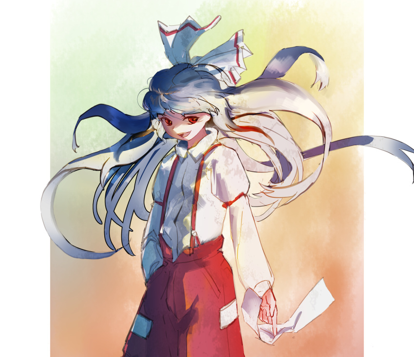 1girl acor baggy_pants bow collared_shirt flat_chest fujiwara_no_mokou hair_bow hand_in_pocket highres long_hair long_sleeves looking_at_viewer looking_to_the_side ofuda ofuda_on_clothes pants red_eyes red_pants shirt sidelocks sleeve_garter smile solo standing suspenders touhou very_long_hair white_bow white_hair white_shirt