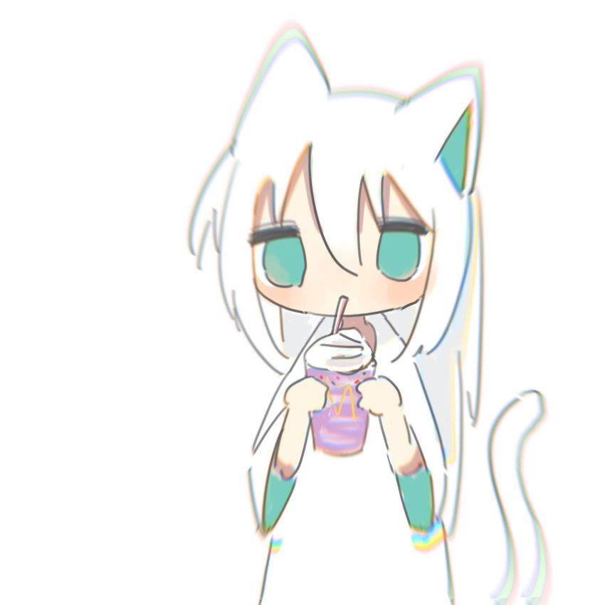 1girl animal_ears cat_ears cat_girl cat_tail chibi chromatic_aberration closed_mouth commentary cup disposable_cup dress drinking drinking_straw empty_eyes english_commentary green_eyes grimace_shake_(meme) hair_between_eyes hands_up highres holding holding_cup jitome long_hair long_sleeves looking_at_viewer matcha_ore_p meme milkshake original oversized_clothes oversized_shirt shirt sidelocks simple_background solo standing tail upper_body white_background white_dress white_hair