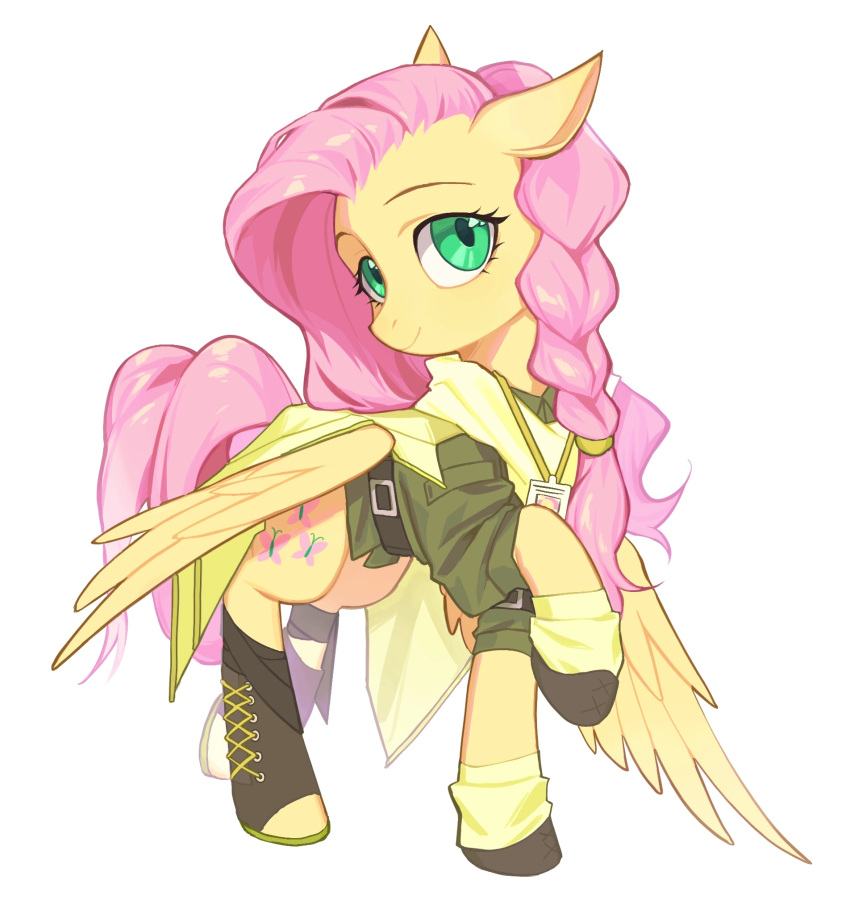 1girl 7hundredt boots colored_skin feathered_wings green_eyes highres jacket looking_at_viewer my_little_pony my_little_pony:_friendship_is_magic pegasus pink_hair simple_background solo white_background wings yellow_skin