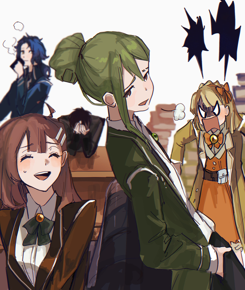 2girls 3boys ahoge black_jacket blonde_hair blue_coat blue_hair book book_stack bow bowtie brown_coat brown_hair chesed_(project_moon) choroi_amachori closed_eyes coat cup dress green_coat green_hair hair_ornament hairclip highres hod_(project_moon) holding holding_cup jacket library_of_ruina long_sleeves mug multiple_boys multiple_girls netzach_(project_moon) open_mouth orange_bow orange_bowtie orange_dress project_moon roland_(library_of_ruina) smile sweat tiphereth_a_(project_moon) white_background