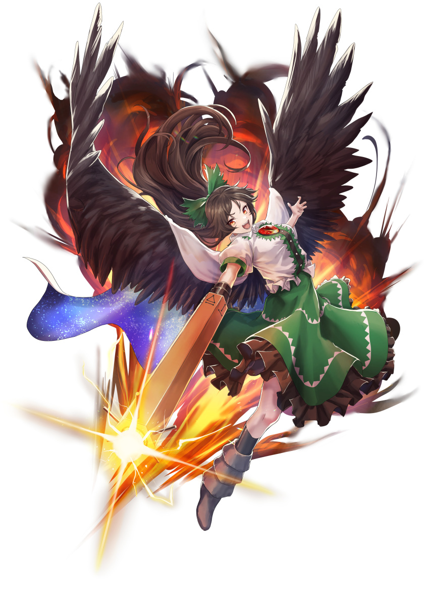 1girl absurdres arm_cannon bird_wings black_hair black_socks black_wings bow buttons collared_shirt feathered_wings frilled_skirt frills full_body green_bow green_skirt hair_bow hayaten highres kneehighs long_hair open_mouth red_eyes reiuji_utsuho shirt short_sleeves simple_background skirt socks solo third_eye touhou weapon white_background white_shirt wings
