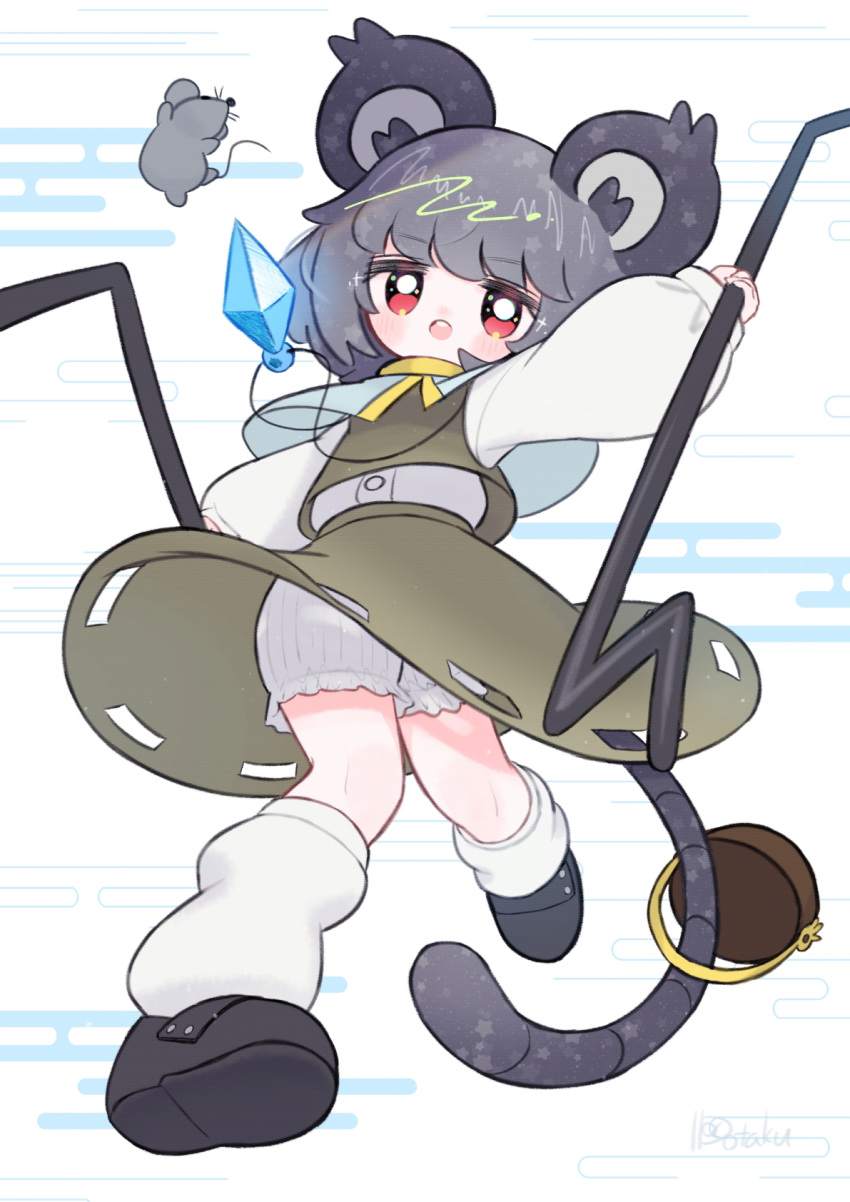 1girl animal_ears arm_up basket bloomers blush chibi commentary_request dotaku_(wran8845) dowsing_rod dual_wielding from_below grey_hair grey_skirt grey_vest highres holding holding_stick jewelry legs_apart long_sleeves mouse mouse_ears mouse_tail nazrin open_mouth pendant puffy_long_sleeves puffy_sleeves red_eyes short_hair simple_background skirt skirt_set solo stick tail teeth touhou underwear upper_teeth_only v-shaped_eyebrows vest white_background