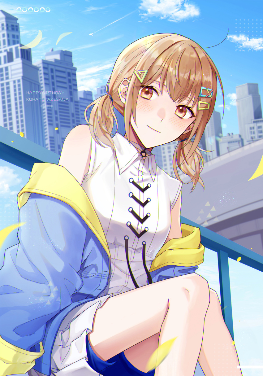 1girl absurdres aircraft airplane azusawa_kohane bare_legs bare_shoulders blue_shorts blush brown_eyes brown_hair building character_name choker closed_mouth clouds collared_shirt commentary_request dress flyer_(vocaloid) hair_ornament hairclip happy_birthday highres hizaki_sui jacket legend_still_vivid_(project_sekai) long_sleeves looking_at_viewer multicolored_clothes multicolored_jacket official_alternate_costume open_clothes open_jacket outdoors project_sekai shirt short_twintails shorts sky sleeveless solo twintails white_dress