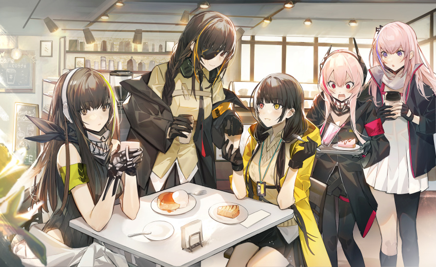 5girls :o absurdres asymmetrical_legwear black_coat black_gloves black_hair black_neckerchief black_pantyhose black_shirt black_skirt black_socks brown_eyes cafe cake cake_slice character_request coat coffee_cup cup disposable_cup dress eyepatch food fork girls_frontline gloves highres holding holding_cup holding_tray indoors lanyard long_hair looking_at_another menu_board multiple_girls neckerchief off_shoulder official_art official_wallpaper one_eye_covered open_mouth pantyhose pink_hair plate red_armband red_eyes shirt single_leg_pantyhose single_sock sitting skirt sleeveless sleeveless_shirt smile socks spoon standing sweater_vest table tray uneven_legwear white_dress yellow_coat yellow_eyes yellow_shirt yellow_sweater_vest