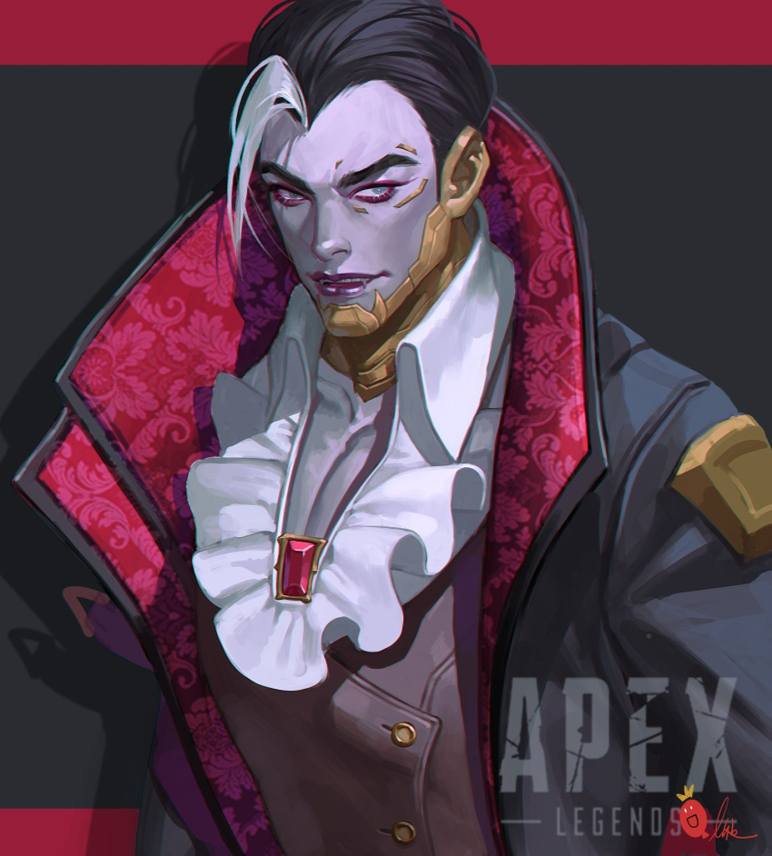 1boy apex_legends black_hair black_jacket blue_eyes brown_vest collarbone collared_shirt colored_skin crypto_(apex_legends) deadly_byte_crypto frilled_shirt frills grey_hair highres jacket logo lsr male_focus multicolored_hair official_alternate_costume open_mouth pectoral_cleavage pectorals purple_lips purple_skin realistic shadow shirt solo streaked_hair vampire vest white_shirt widow's_peak