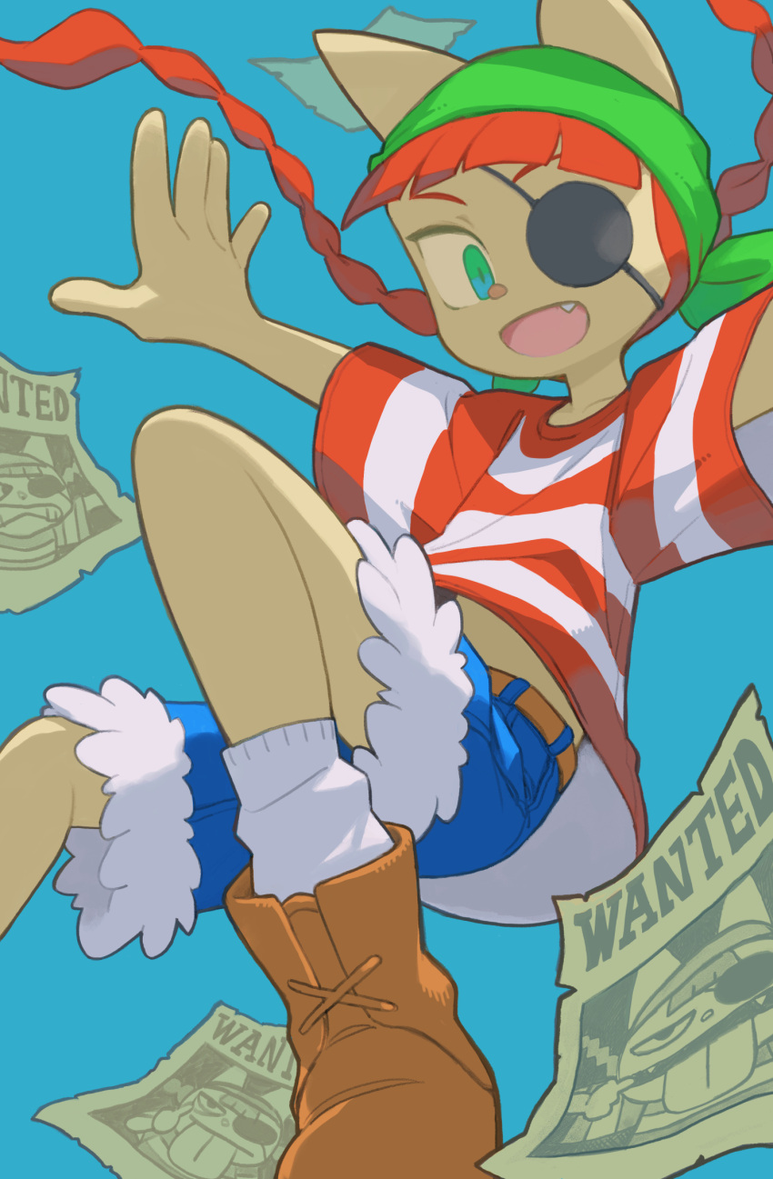 1girl animal_ears animal_nose boots braid brown_footwear character_request commission denim denim_shorts eyepatch fang green_eyes highres looking_at_viewer mizuno_(okn66) open_mouth pop'n_music poster_(object) red_eyes shirt short_sleeves shorts skeb_commission socks solo striped striped_shirt twin_braids wanted white_socks
