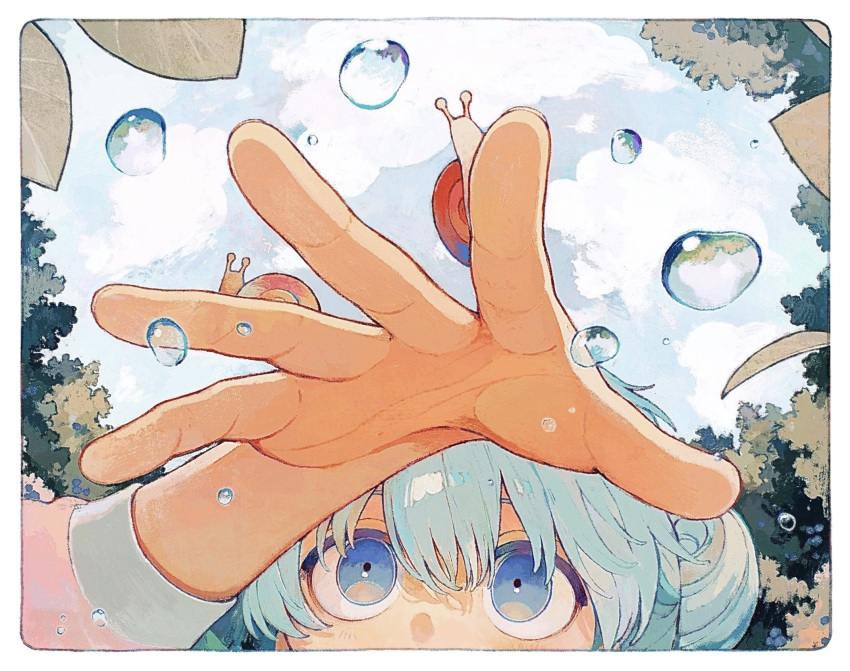 1other animal_on_hand blue_eyes blue_hair border close-up clouds day hair_bun hand_up highres ka_(marukogedago) mouth_out_of_frame original outdoors pink_shirt shirt snail solo tree water_drop white_border