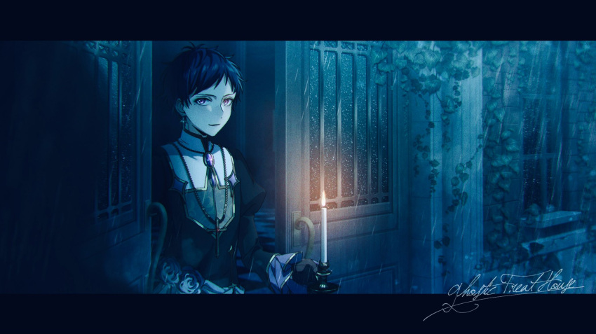 1boy black_gloves blue_hair candle candlestand commentary_request cross cross_earrings cross_necklace dark_blue_hair earrings ensemble_stars! fushimi_yuzuru gloves highres jewelry leaf letterboxed long_sleeves looking_at_viewer male_focus mole mole_under_eye necklace open_mouth partial_commentary short_bangs short_hair solo user_vzxu4543 violet_eyes