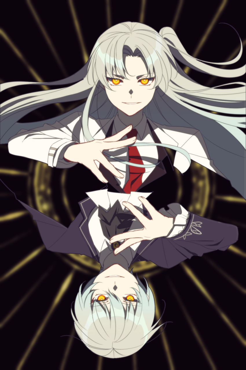 2girls angela_(project_moon) ascot black_ascot black_vest collared_shirt commentary_request dual_persona frilled_sleeves frills grey_hair grin highres jacket ktsis lab_coat library_of_ruina lobotomy_corporation long_hair long_sleeves multiple_girls necktie one_side_up parted_lips project_moon purple_jacket red_necktie shirt short_hair smile vest white_shirt yellow_eyes