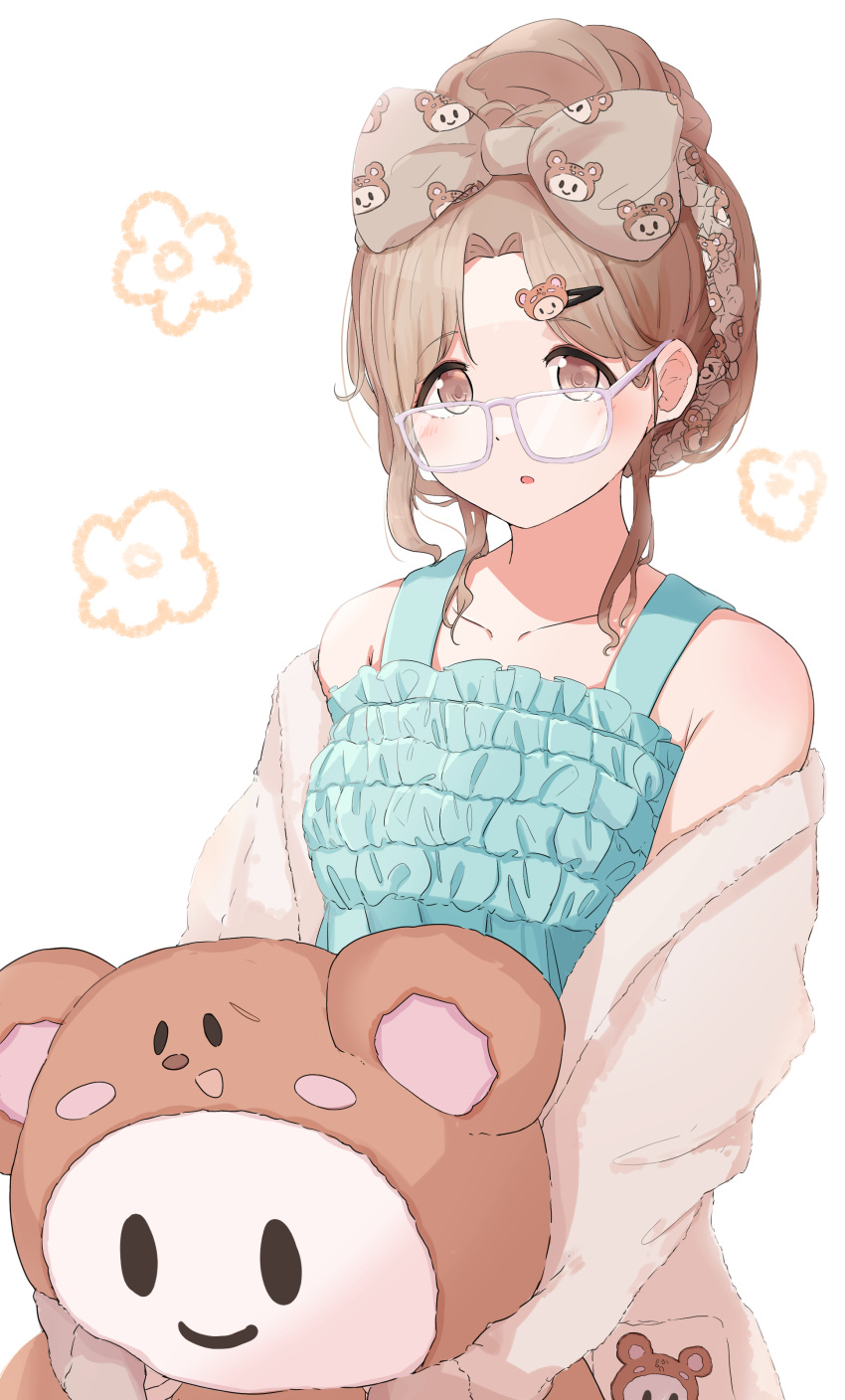 1girl absurdres bare_shoulders bespectacled blush brown_eyes brown_hair commentary_request glasses hair_bun hair_ornament hairclip highres holding holding_stuffed_toy ichikawa_hinana idolmaster idolmaster_shiny_colors long_hair looking_at_viewer object_hug raichita solo stuffed_toy