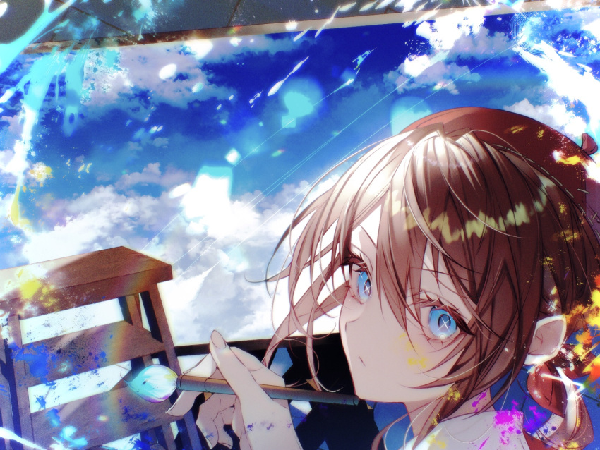 1boy beret blue_eyes blue_sky bow brown_hair closed_mouth clouds cloudy_sky collared_shirt colored_eyelashes easel edgar_valden film_grain hair_between_eyes hair_bow hat highres holding holding_paintbrush identity_v ladder looking_at_viewer low_ponytail male_focus medium_hair mosuchippu-ou paint_splatter paintbrush painting_(action) painting_(object) red_bow red_headwear shirt sky solo splatter symbol_in_eye white_shirt