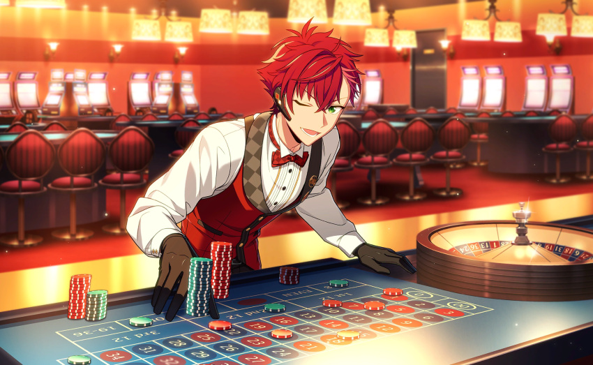1boy black_gloves bow bowtie buttons casino chair cowboy_shot gloves green_eyes happy_elements helios_rising_heroes highres indoors long_sleeves looking_at_viewer lower_teeth_only male_focus official_art one_eye_closed open_mouth otori_akira poker_chip red_bow red_bowtie red_vest redhead shirt short_hair solo teeth third-party_source vest white_shirt