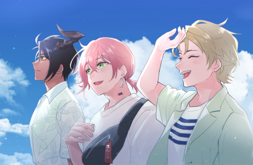 3boys :d ^_^ aragami_oga barcode barcode_tattoo black_hair blonde_hair blue_eyes closed_eyes closed_mouth clouds crossed_bangs dark-skinned_male dark_skin day earrings fanny_pack floral_print from_side green_eyes green_jacket hair_between_eyes hair_slicked_back hand_up highres holostars horns jacket jewelry kishido_temma light_particles looking_ahead low_ponytail male_focus mioto_(tsubsq_m) multiple_boys neck_tattoo official_alternate_costume pink_hair print_shirt profile rikka_(holostars) shirt short_hair short_ponytail short_sleeves single_horn smile t-shirt tattoo teeth upper_body upper_teeth_only virtual_youtuber white_shirt wing_collar