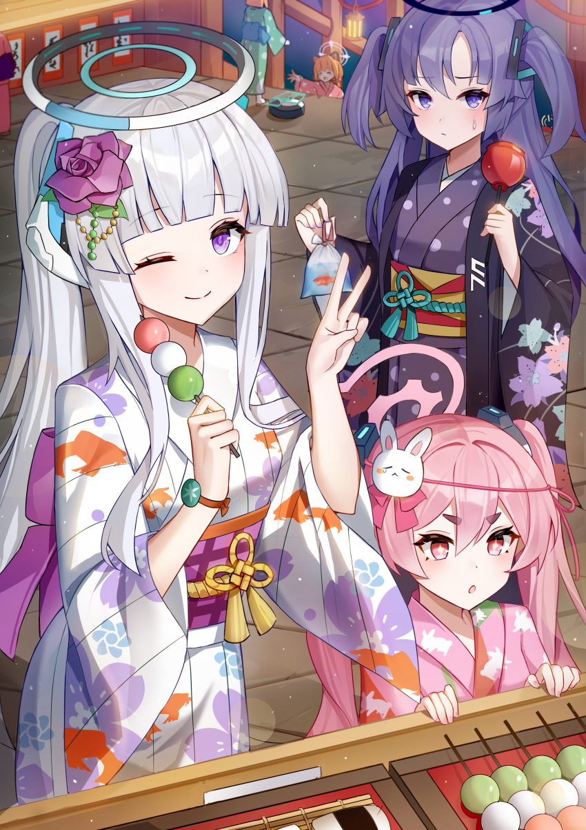 6+girls absurdres alternate_costume aris_(blue_archive) bag bagged_fish blue_archive blush candy_apple dango fish food gonggo grey_hair halo highres japanese_clothes kimono koyuki_(blue_archive) looking_at_food looking_at_viewer midori_(blue_archive) momoi_(blue_archive) multiple_girls noa_(blue_archive) one_eye_closed outdoors pink_eyes pink_hair ponytail print_kimono purple_hair robotic_vacuum_cleaner smile summer_festival twintails two_side_up v violet_eyes wagashi wide_sleeves yukata yuuka_(blue_archive) yuzu_(blue_archive)