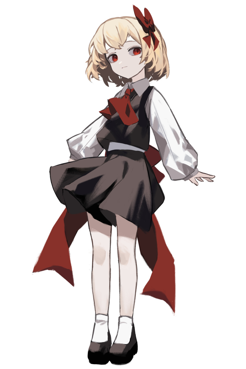 1girl absurdres ascot back_bow black_footwear black_skirt black_vest blonde_hair bow closed_mouth clynxen collared_shirt commentary expressionless full_body hair_ribbon highres long_sleeves looking_at_viewer red_ascot red_eyes ribbon rumia shirt shoes simple_background skirt skirt_set socks solo touhou vest white_background white_shirt white_socks