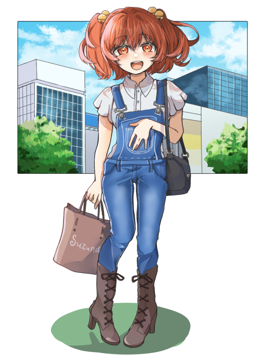 1girl :d \||/ alternate_costume bag bell blush boots breasts building casual clouds commentary_request day full_body hair_bell hair_between_eyes hair_bobbles hair_ornament happy harukaze_koyomi high_heels highres holding holding_bag looking_at_viewer motoori_kosuzu open_mouth orange_eyes orange_hair outdoors overalls pigeon-toed short_hair short_sleeves simple_background small_breasts smile solo standing teeth thigh_gap touhou two_side_up upper_teeth_only white_background wing_collar