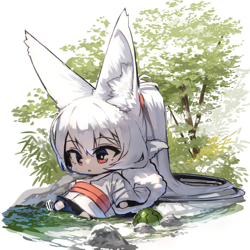 1girl absurdly_long_hair animal_ear_fluff animal_ears barefoot commentary_request food fox_ears fox_girl fox_tail fruit hair_between_eyes highres japanese_clothes kimono long_hair long_sleeves motion_lines obi original parted_lips ponytail red_eyes sash solo tail tree very_long_hair water watermelon white_hair white_kimono wide_sleeves yuuji_(yukimimi)