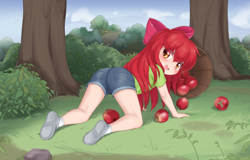 1girl :d all_fours apple apple_bloom ass blue_sky blush bow bucket bush child day denim denim_shorts food fruit full_body green_shirt grey_footwear hair_between_eyes hair_bow highres leaf long_hair looking_back my_little_pony my_little_pony:_friendship_is_magic on_ground open_mouth orange_eyes outdoors personification pestil red_bow redhead rock shirt shoe_soles short_sleeves shorts sky smile socks solo sweatdrop t-shirt teeth tree upper_teeth_only wooden_bucket